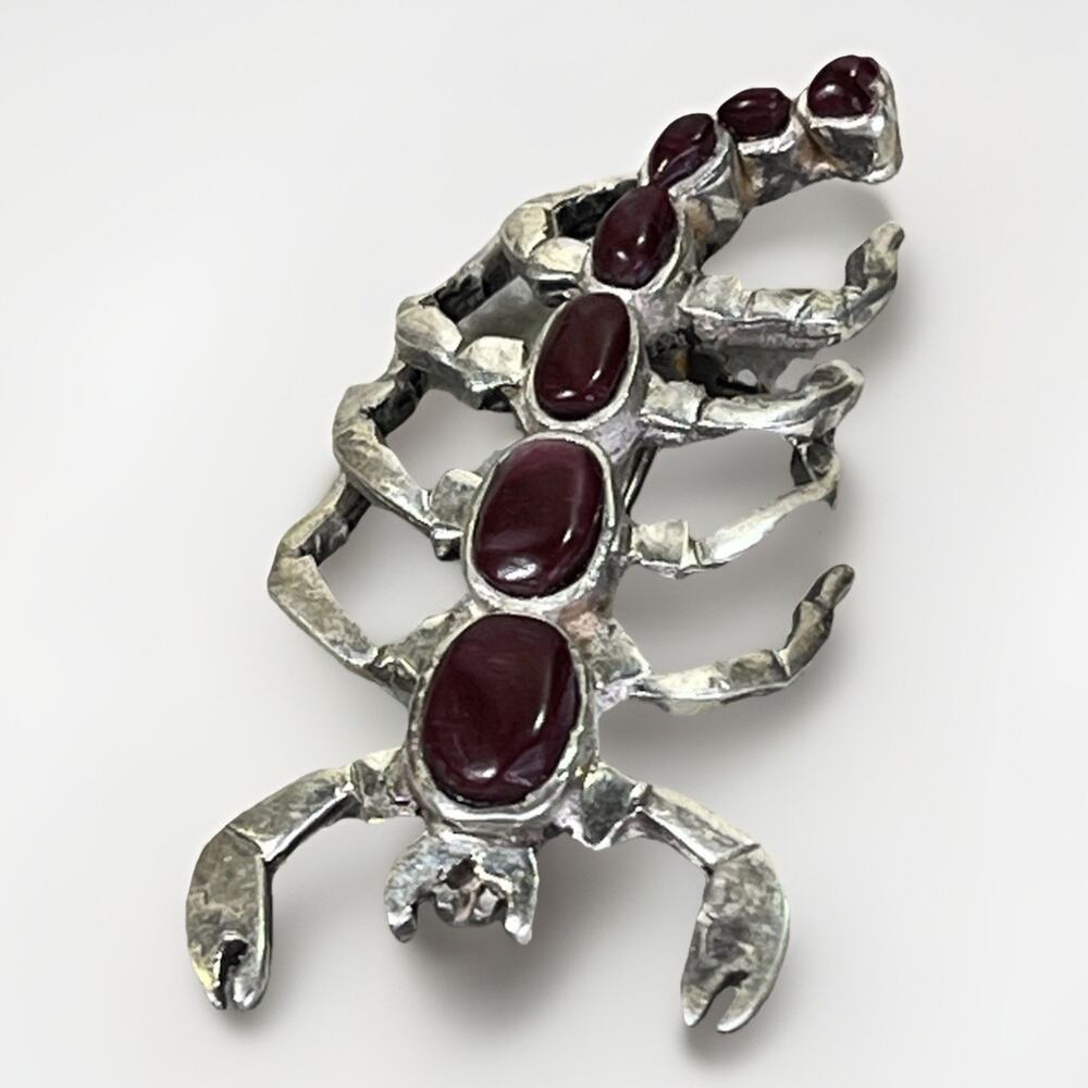 Vintage Native American Sterling Silver Red Coral Scorpion Pin Brooch Signed